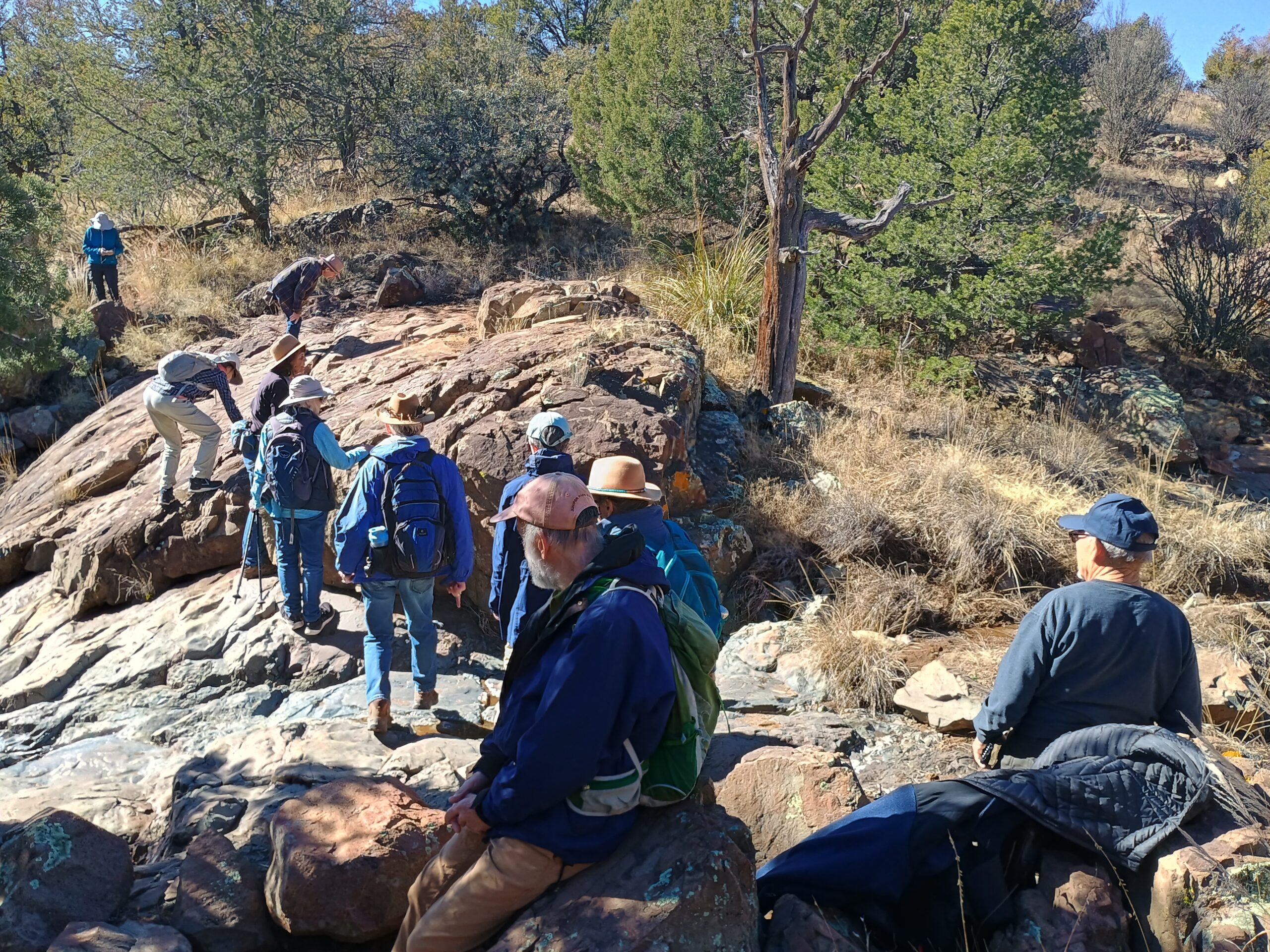 A group of people walking on boulders in a wooded area
