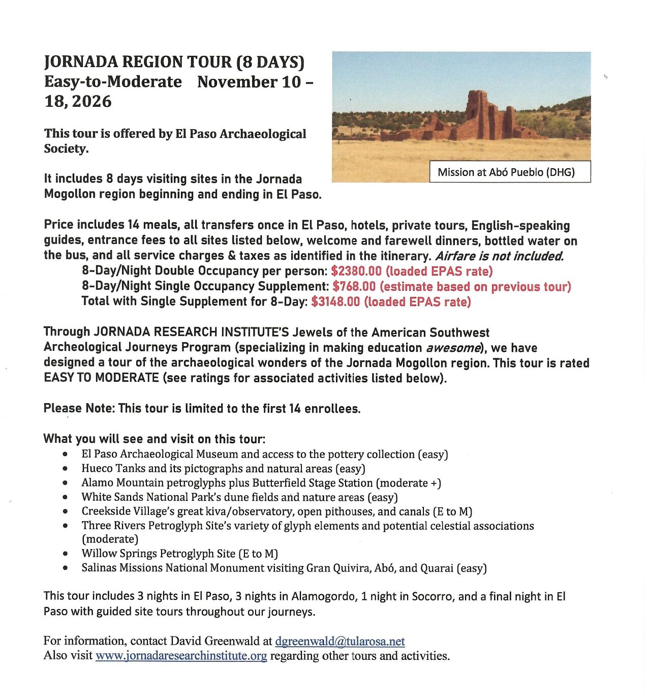 November 10-18, 2026: Jornada Region Tour